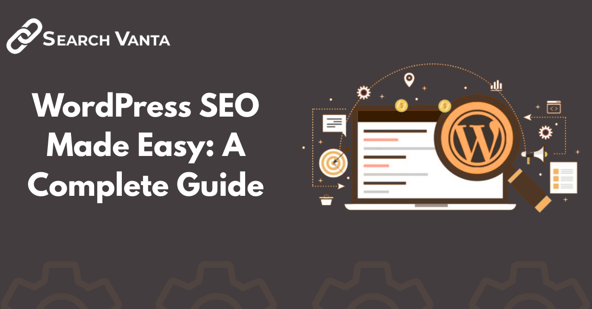 Illustration showing WordPress dashboard with SEO optimization tools and growth chart.