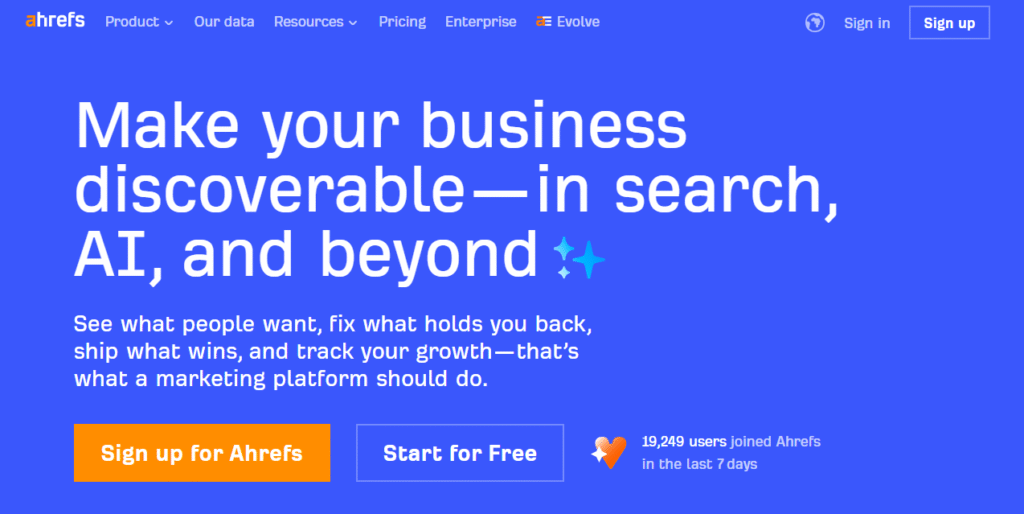 Ahrefs SEO platform dashboard displaying backlink analysis, keyword tracking, and content explorer features for website optimization
