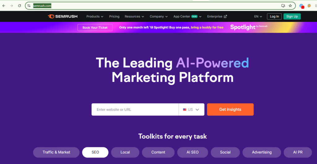 Semrush SEO tool dashboard showing keyword research, site audit, and competitor analysis features for digital marketing